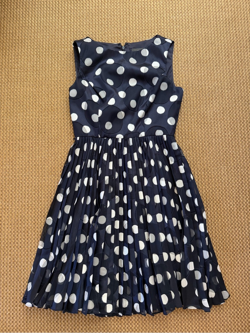 Adrianna Papell Navy and White Polka Dot Pleated Mini Dress